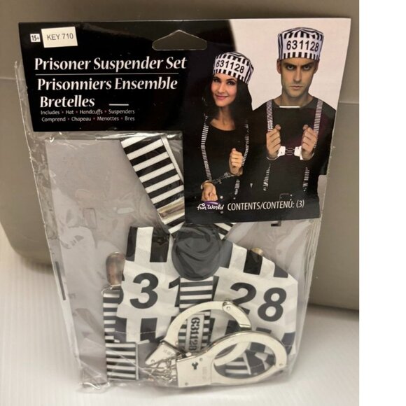 Convict Jailbird Prisoner White Black Suspender 3 Pc Halloween Accessory Kit - Picture 4 of 5